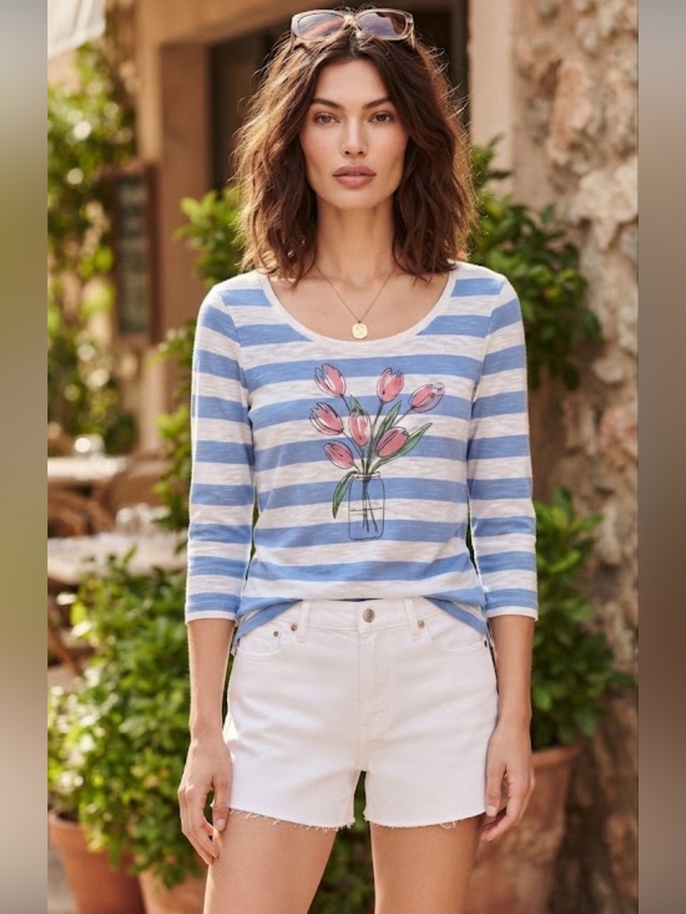 Talbots Blue & White Striped Long Sleeve Tee with Floral Vase Graphic